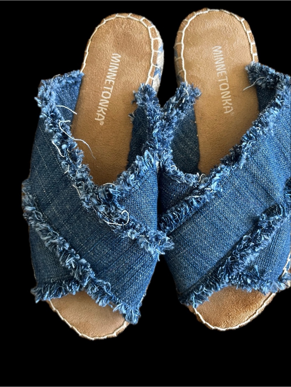 Minnetonka Denim Frayed Crossover Slide Mules - Blue